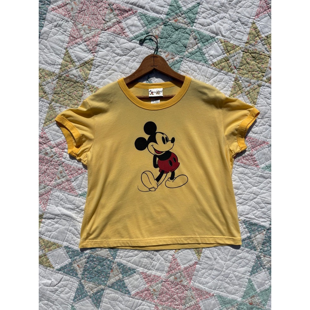 Vintage Disney World Ringer Baby Tee Graphic TShirt 2XL Yellow Mickey Mouse Thin